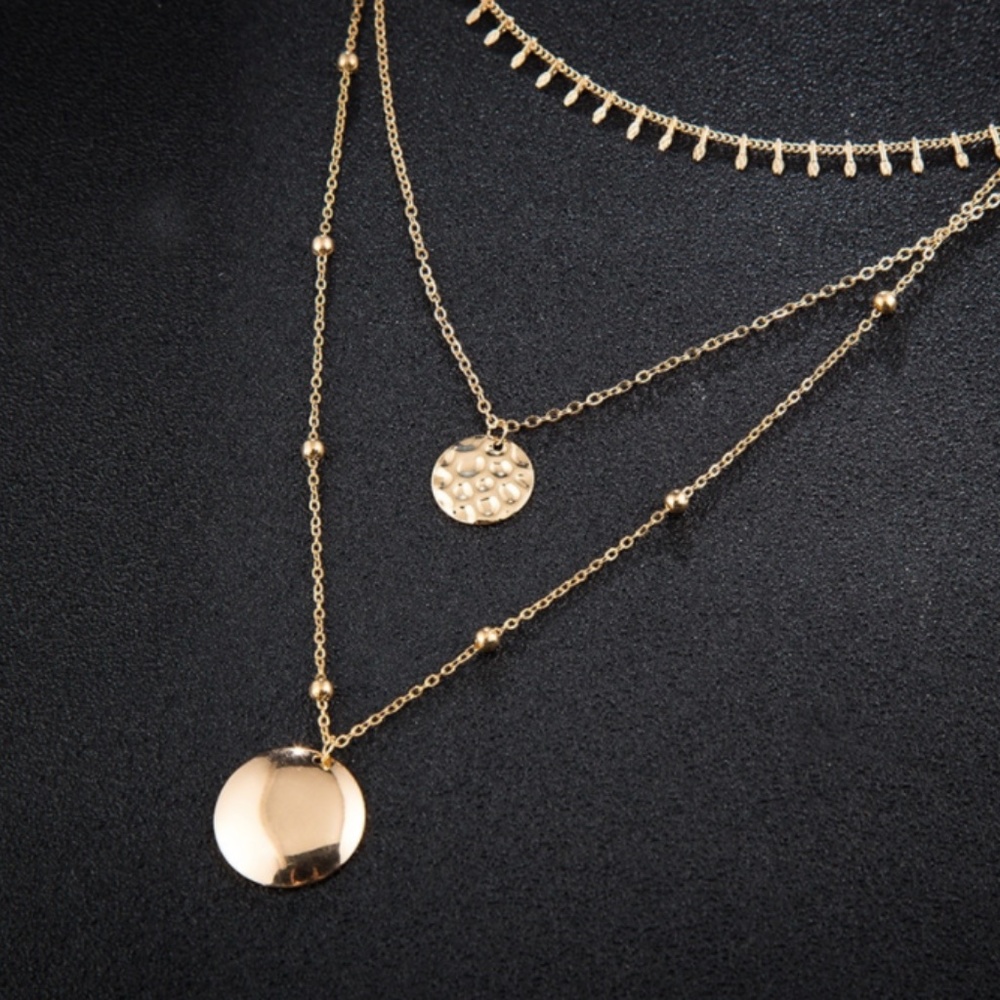 Tribal Layered Hammered Coin Pendant Gold Necklace - Picture 3 of 8